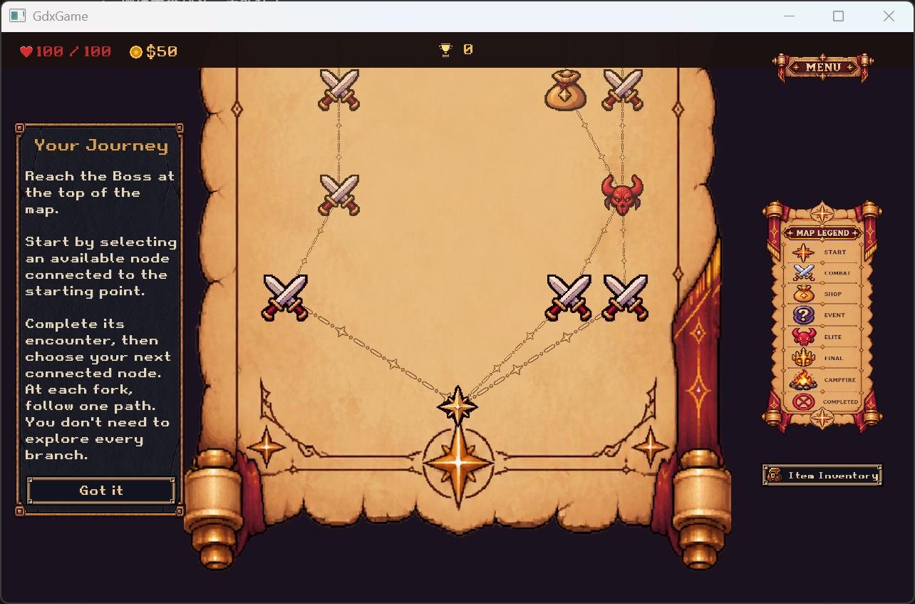 Fresh Map after Continue; introduction is visible and HUD has reset to 100/100 HP and 50 Gold. Absence of repeated narration is tester-reported.