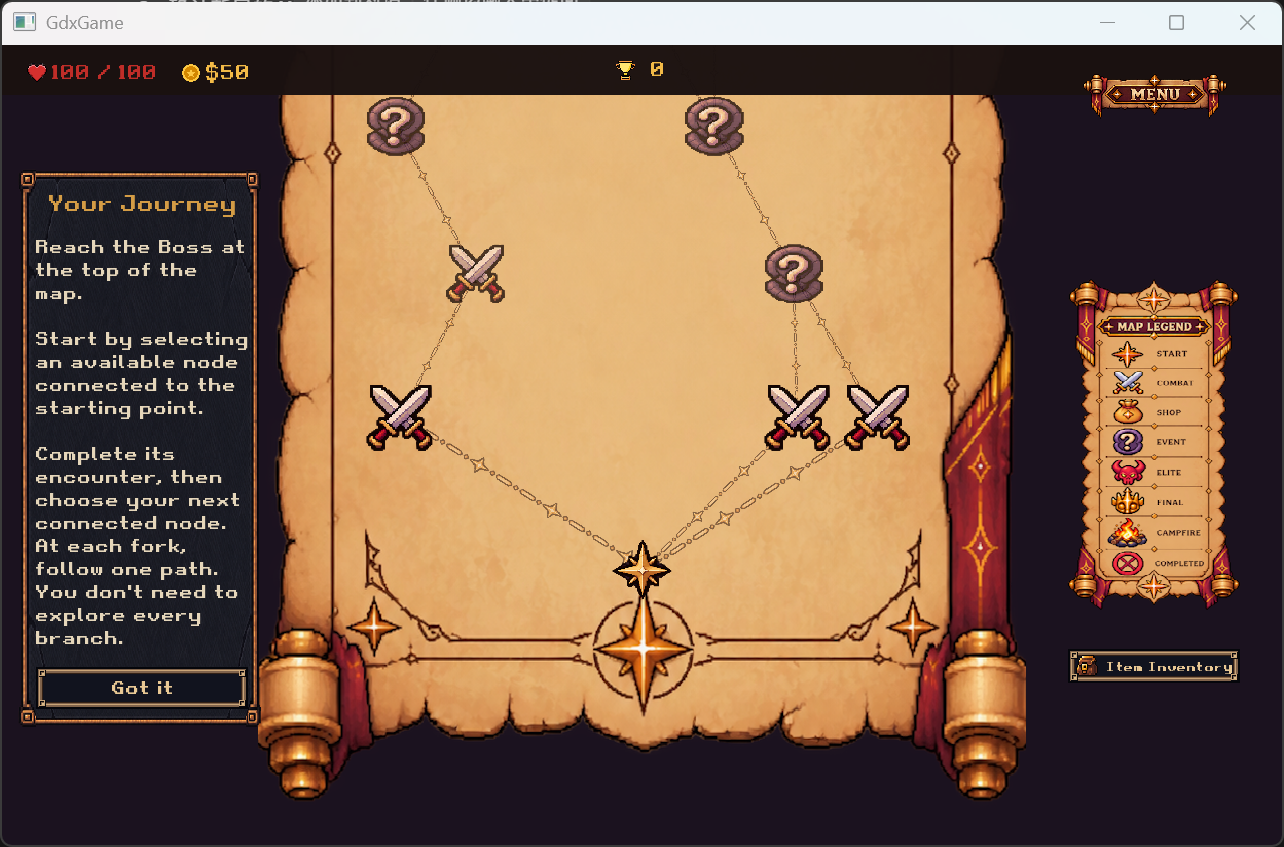 Fresh Map after voluntary Exit Tutorial; HUD shows 100/100 HP and 50 Gold.