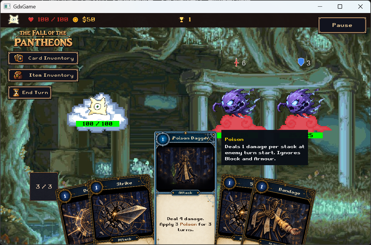 Poison keyword explanation beside a hovered card in an ordinary battle, without tutorial guidance.