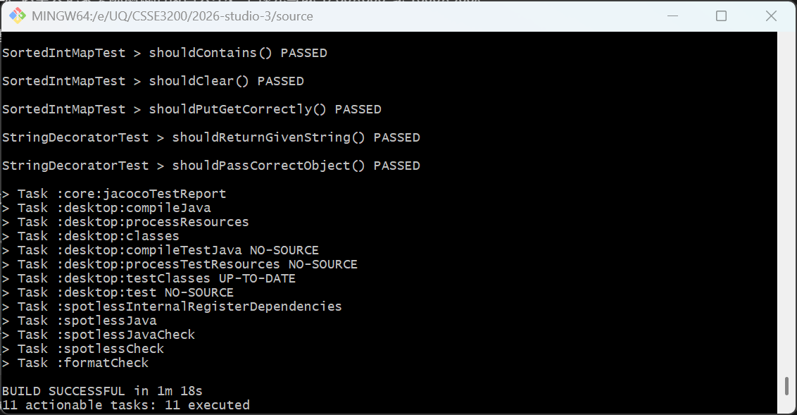 Gradle output: Desktop classes and format checks completed; BUILD SUCCESSFUL, 11 tasks executed.