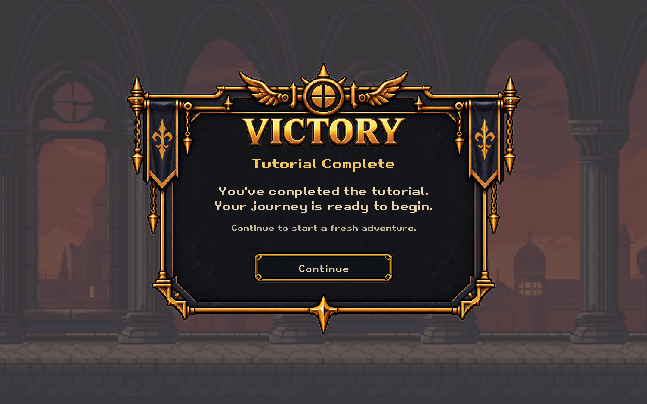 Tutorial completion screen with its supplied Continue frame