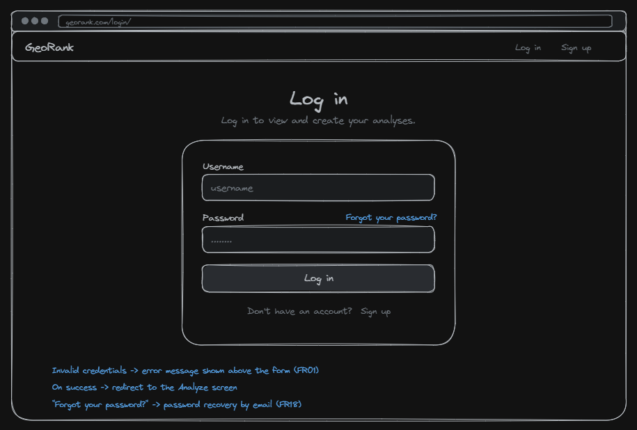 Log in wireframe