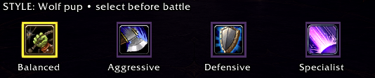 Select Balanced, Aggressive, Defensive, or Specialist before battle.