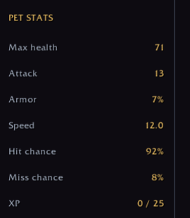 The stat labels: maximum health, attack, armor, speed, hit/miss, and XP.