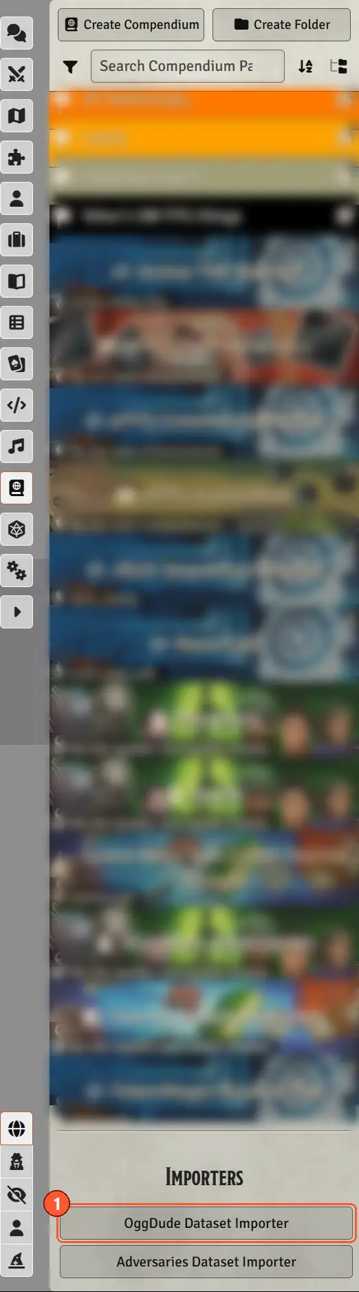 Compendium sidebar footer with the Importers buttons