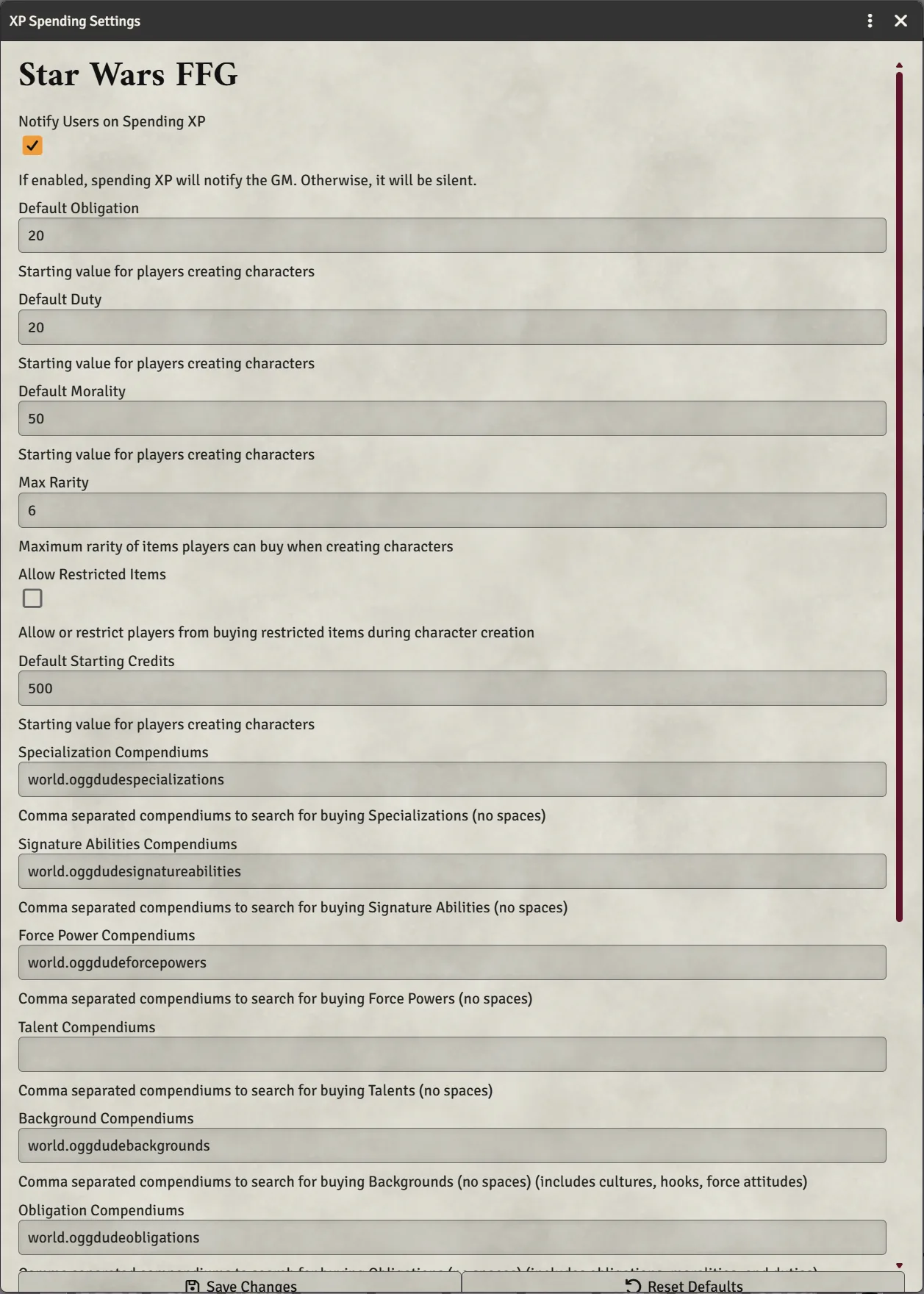 The Configure XP Spending window