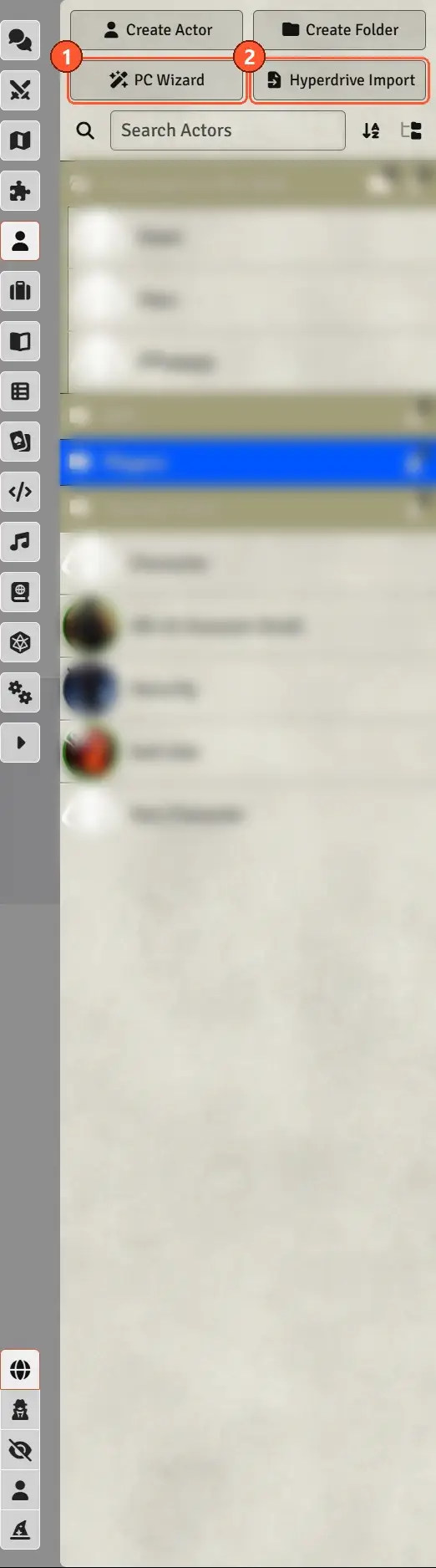 Actors sidebar header with the PC Wizard and Hyperdrive Import buttons