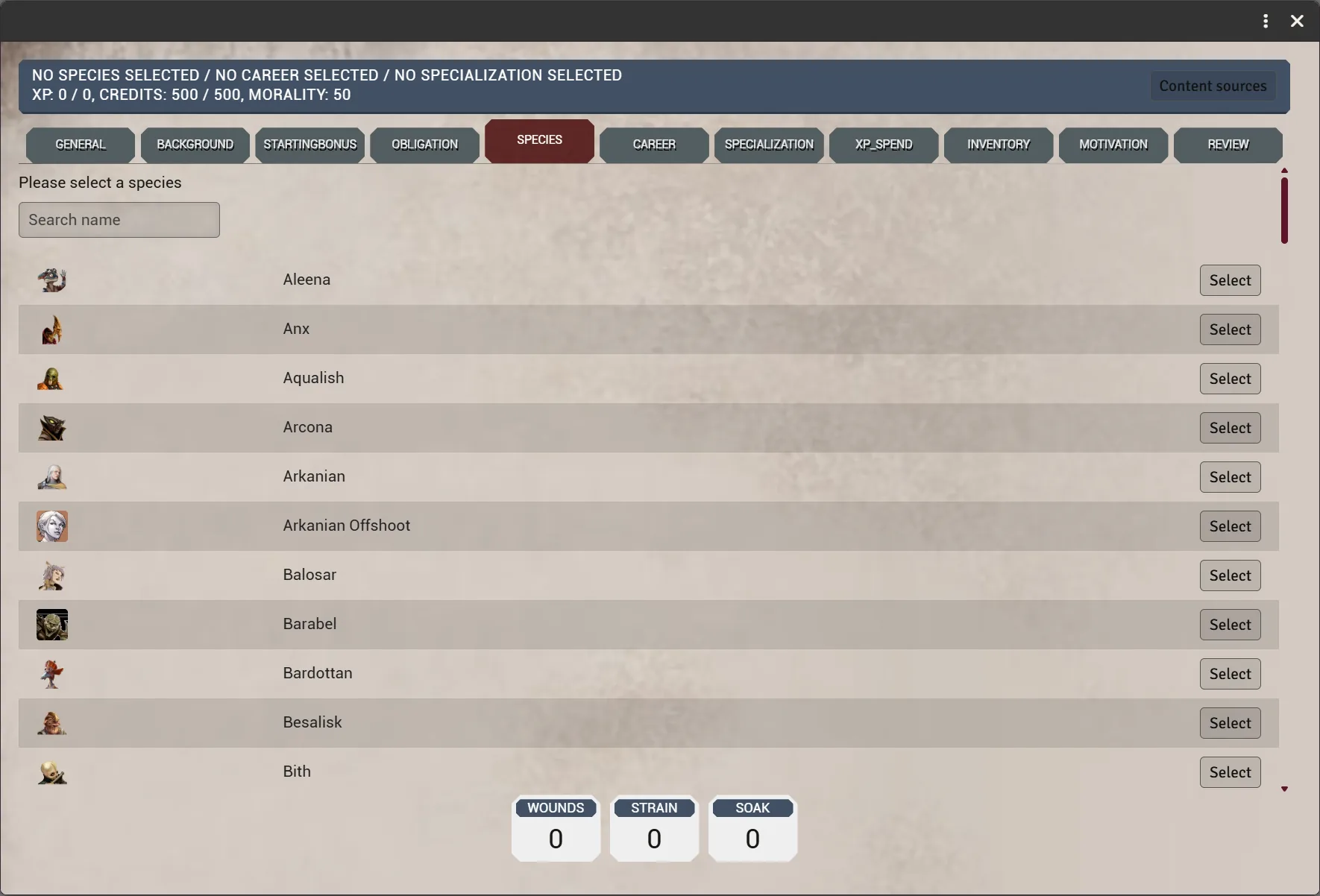 The wizard on the Species tab