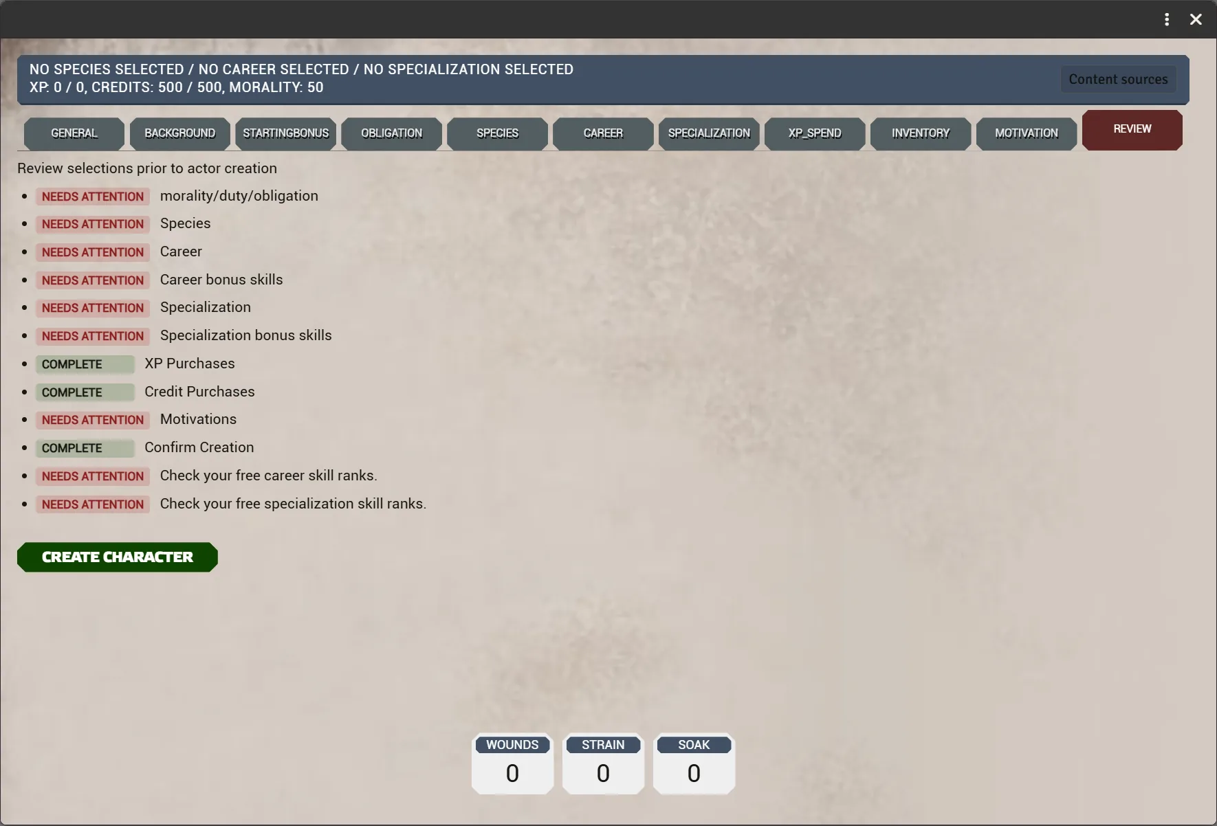 The Review tab with the Create character button