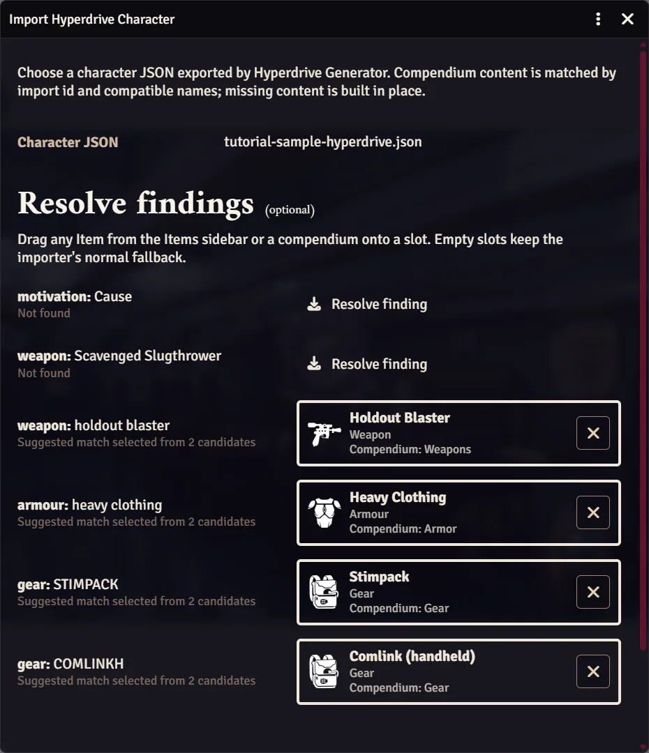 The importer's Resolve findings list, with suggested matches