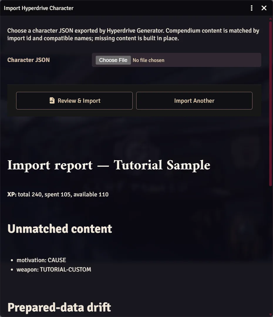 The import report, listing XP and unmatched content