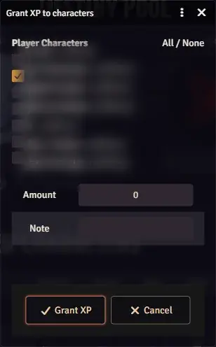The Grant XP to characters dialog