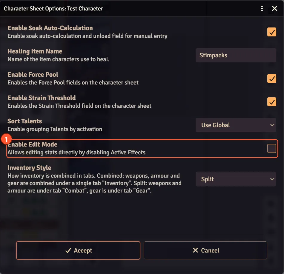 The Sheet Options window with Enable Edit Mode