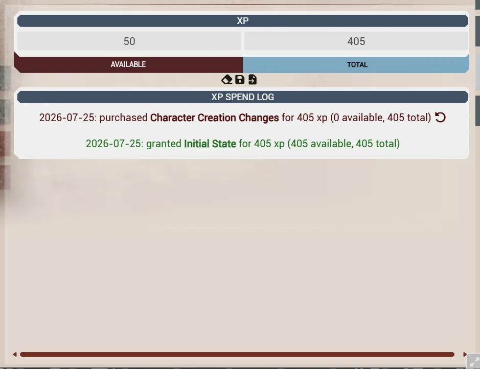 The XP tab with purchase, grant and adjustment entries