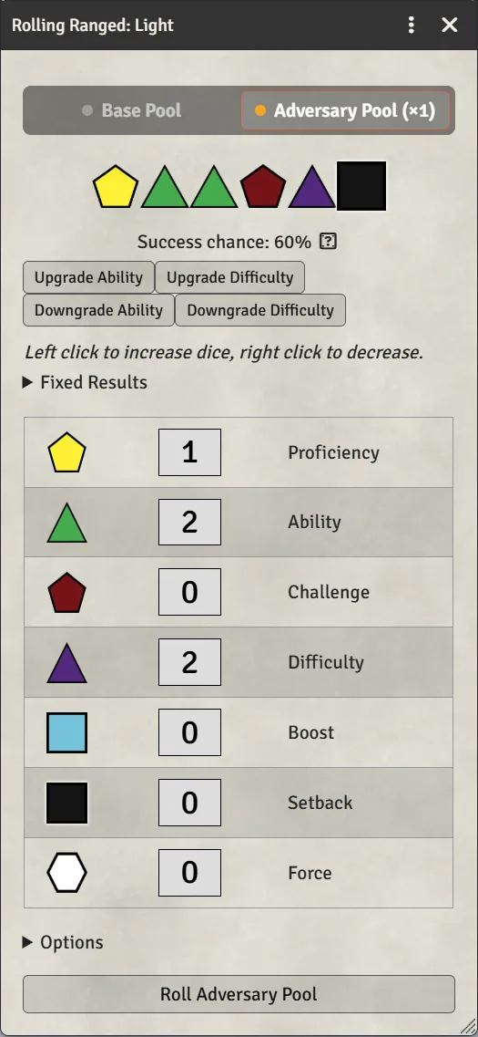 The roll dialog with the Base Pool / Adversary Pool switch