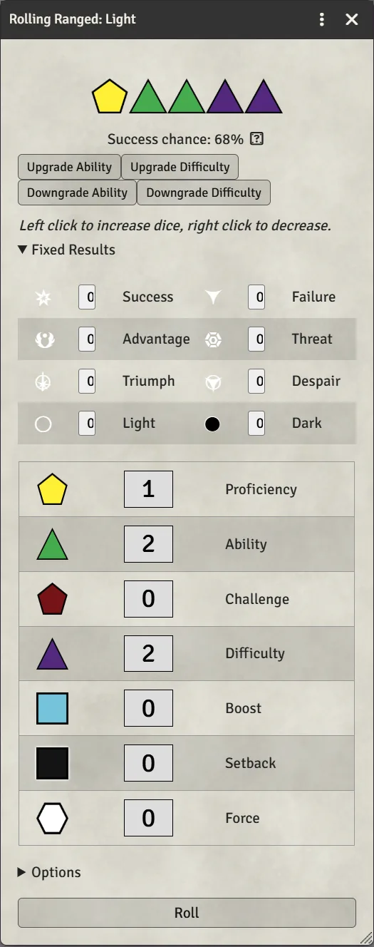 The dice dialog with the dice table, upgrade buttons and Fixed Results open