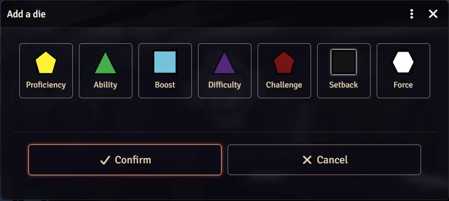 The die picker (Add a die); the Add a result picker looks the same with symbols