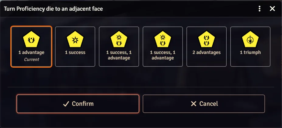 The Turn to adjacent face window: the rolled face, marked Current, then every face that shares an edge with it