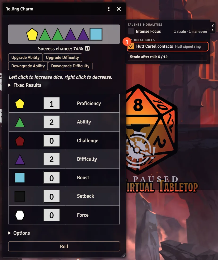 The roll options card's Optional buffs, with Hutt Cartel contacts ticked and its boost die in the preview