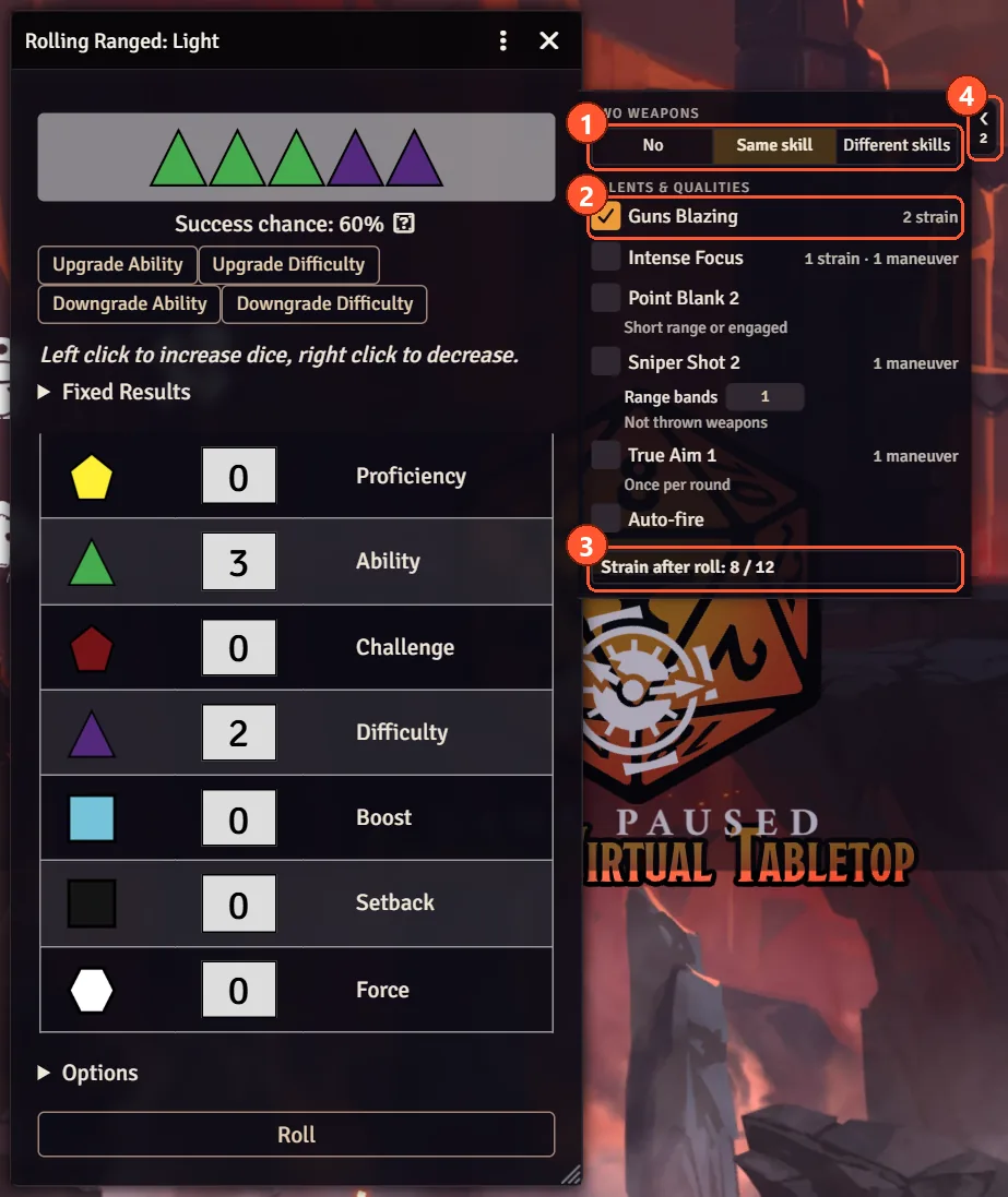 The roll options card with Two weapons on the same skill, Guns Blazing ticked and the strain after the roll