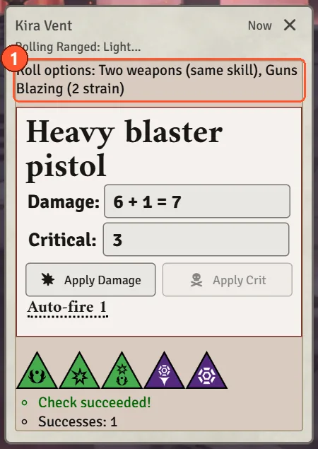 A chat card naming Two weapons and Guns Blazing with its 2 strain