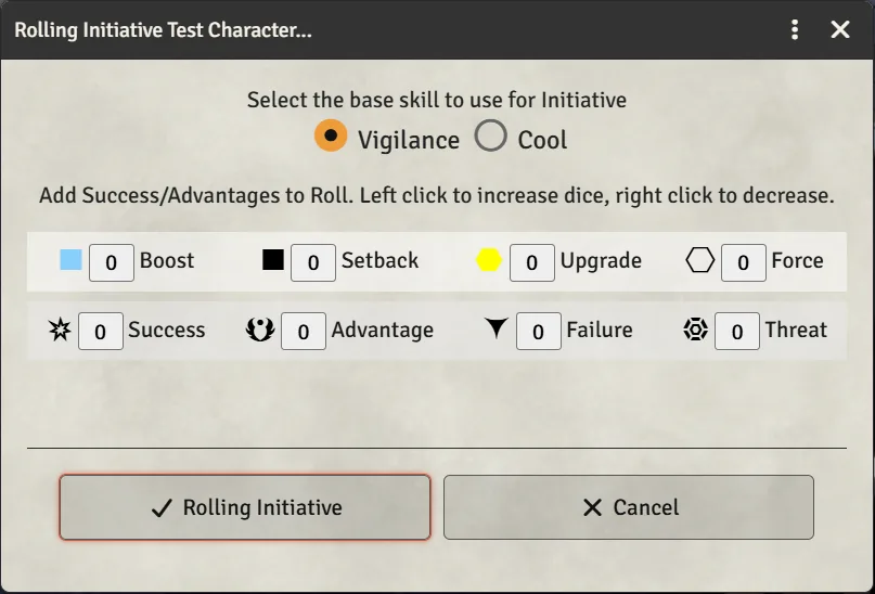 The Rolling Initiative dialog with the skill picker