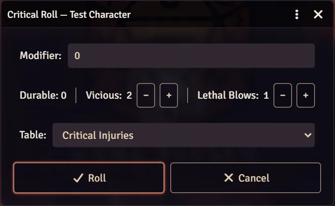 The Critical Roll dialog
