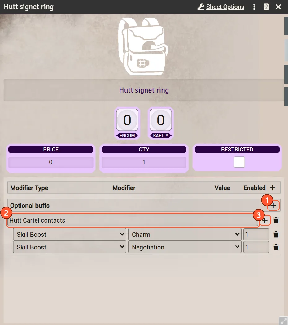 The Optional buffs block on a classic item sheet