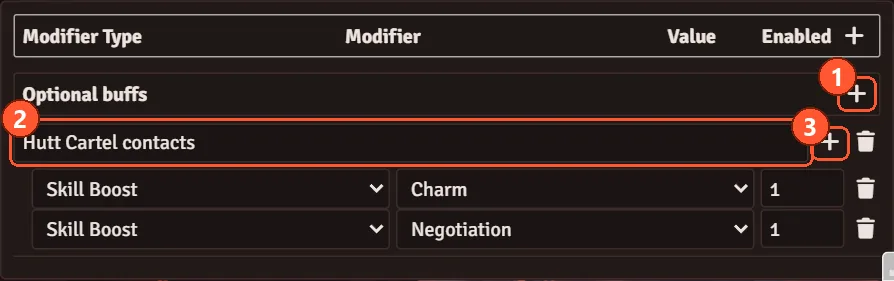The Optional buffs block on a Codex II item sheet