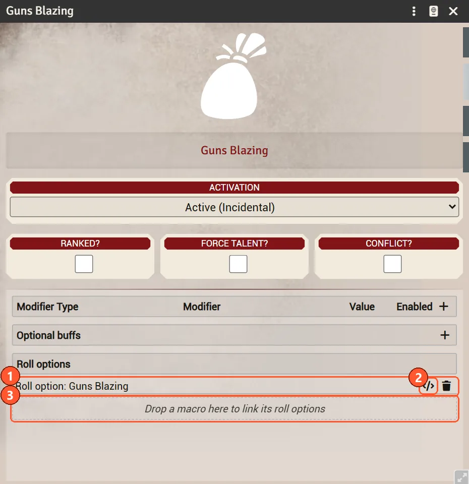 The Roll options list on a classic talent sheet