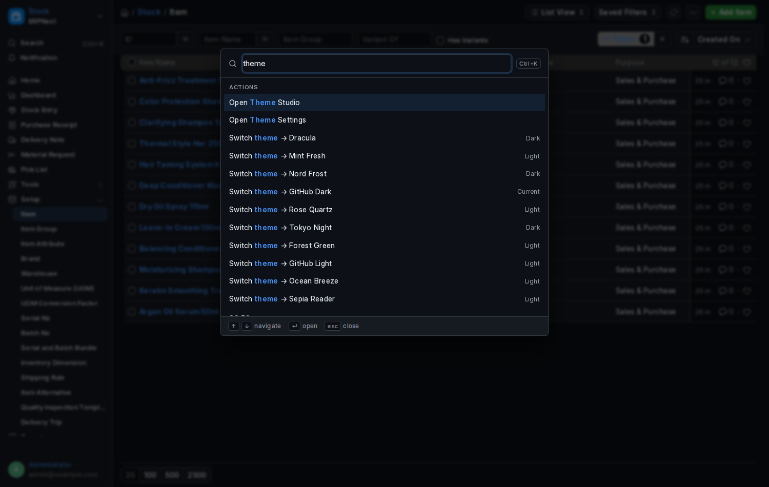 The command palette on a dark theme