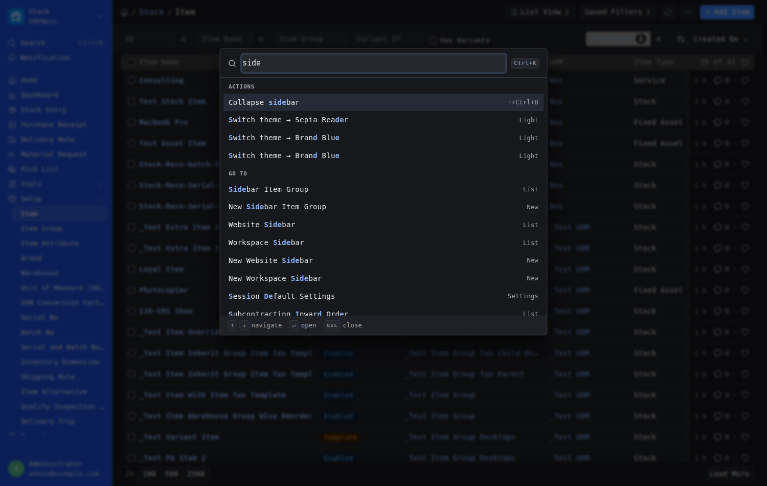Collapse sidebar in the command palette