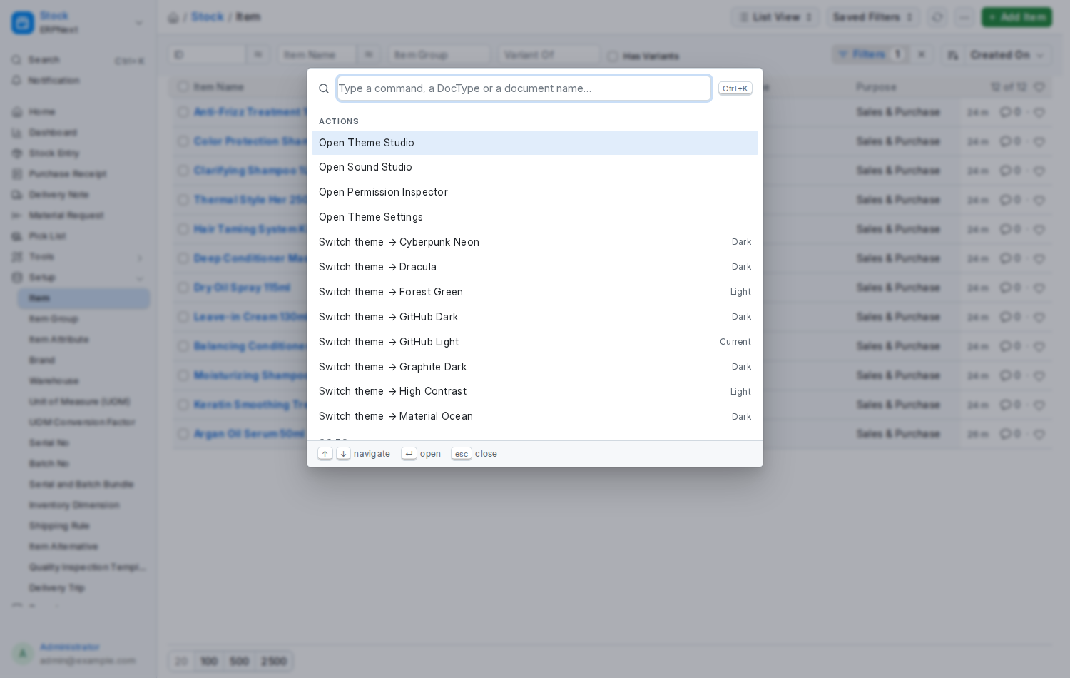 The command palette, empty: recent documents and actions