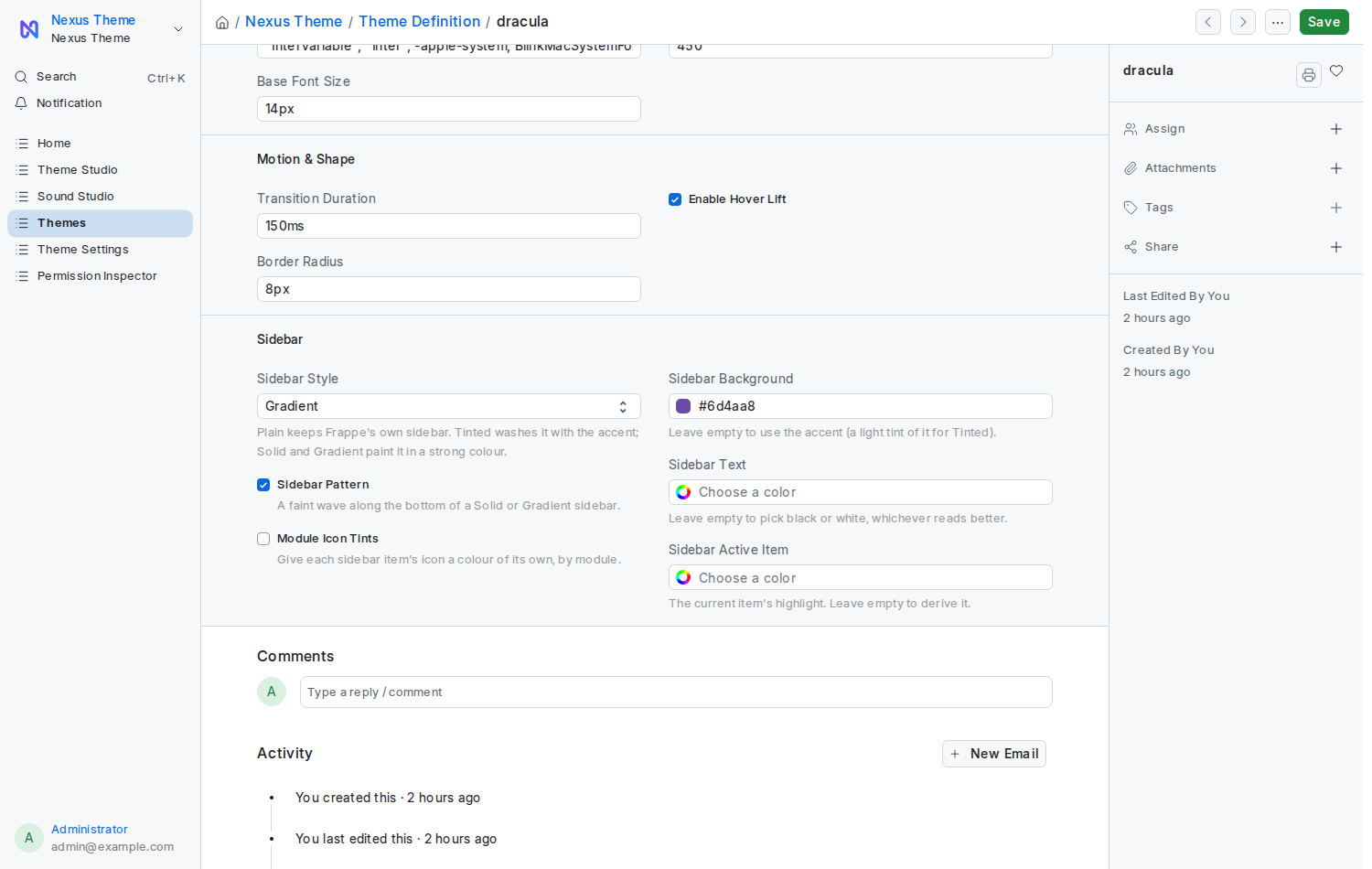 The Sidebar group of a Theme Definition