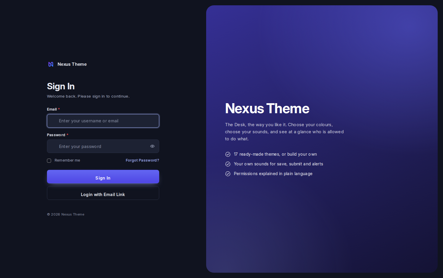 The Nexus login page