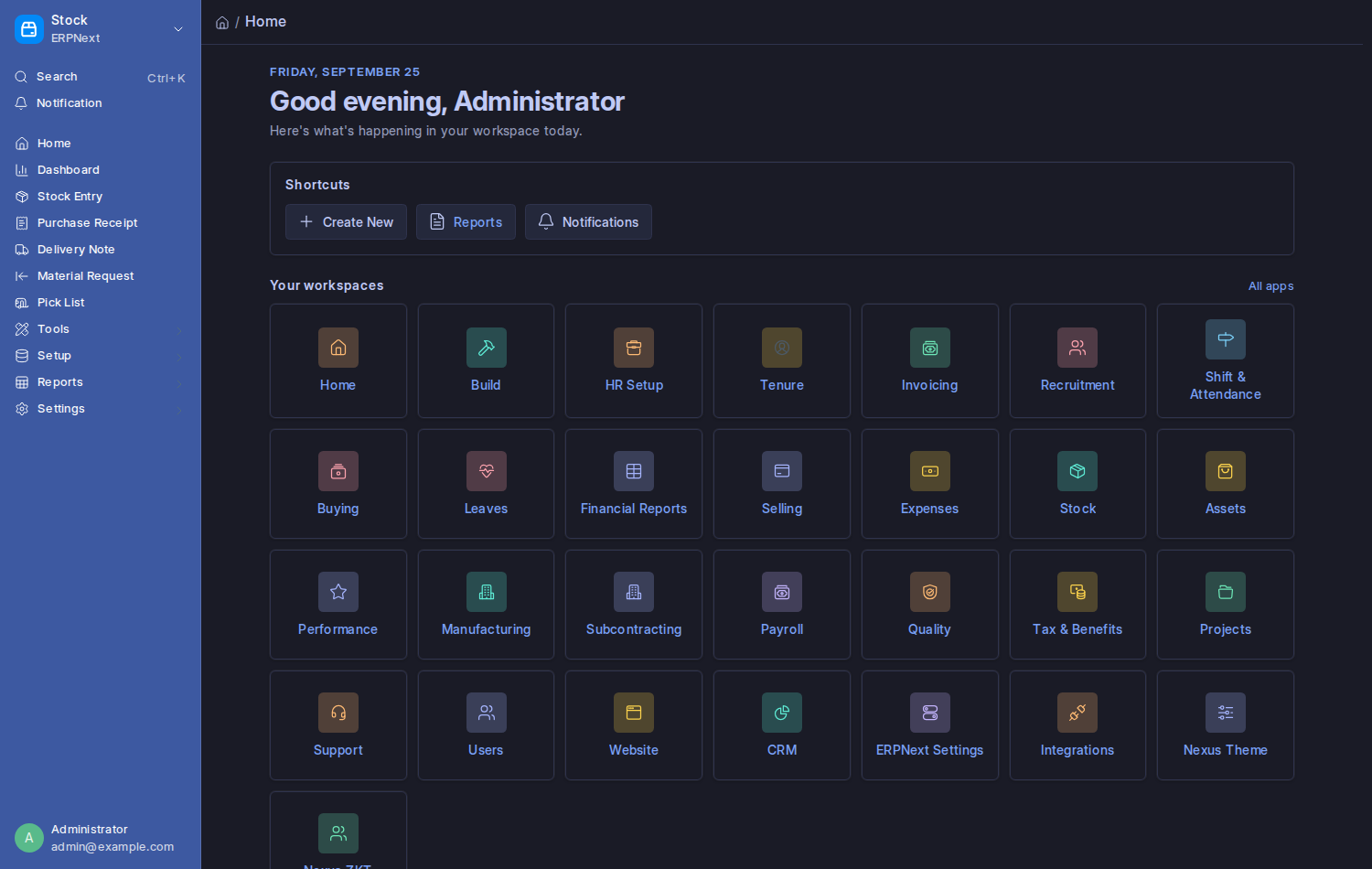 The home page on a dark theme