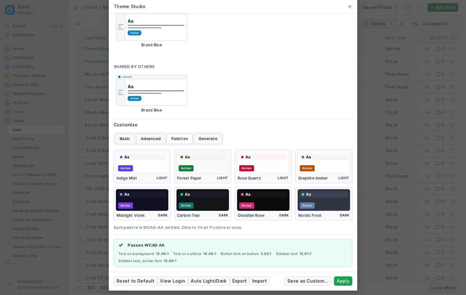 The Palettes tab