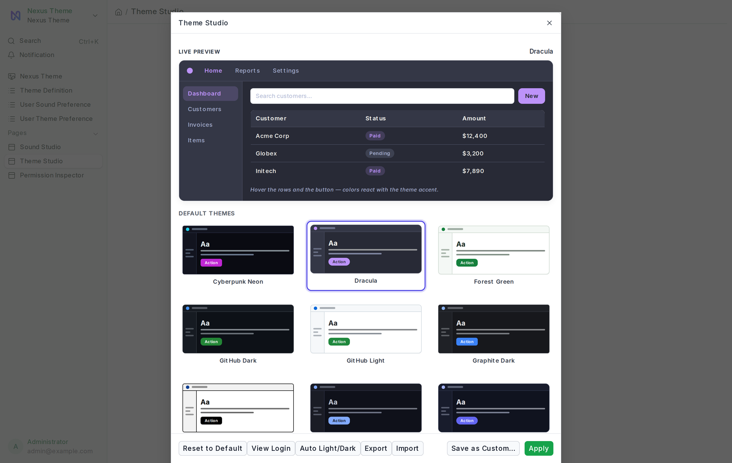 Clicking a card switches the live preview