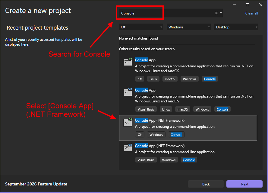 Search and select Console App in Visual Studio