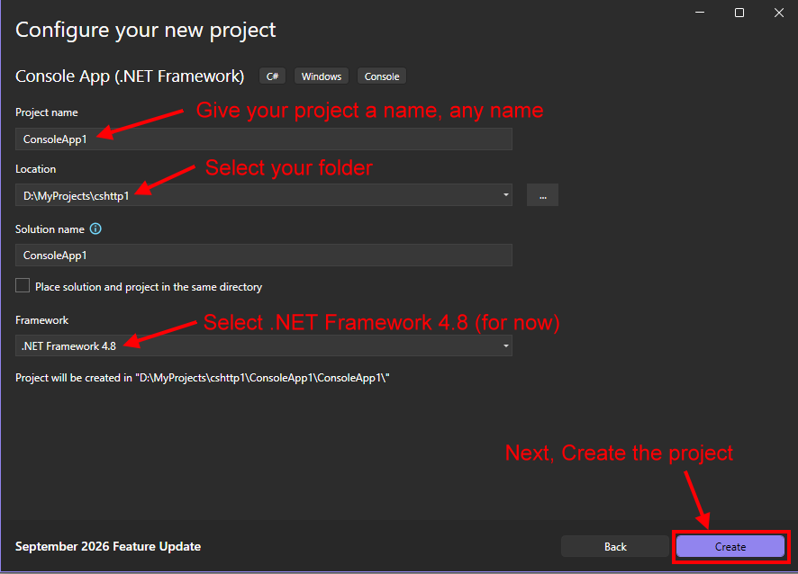 Configure project name, location and framework