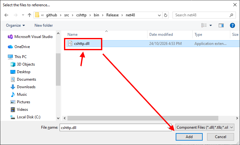 Select cshttp.dll and click Add