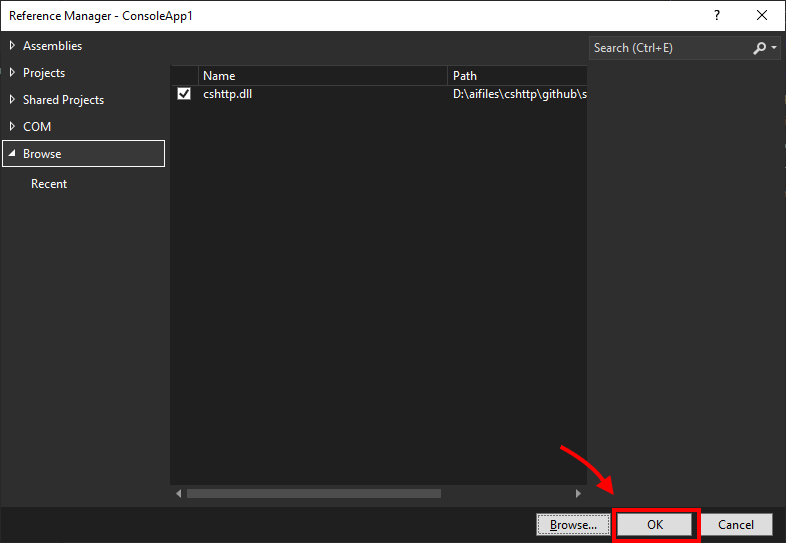 Confirm cshttp.dll is selected and click OK