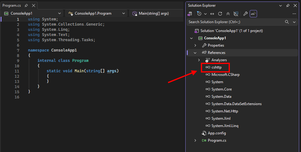 cshttp added under References in Solution Explorer