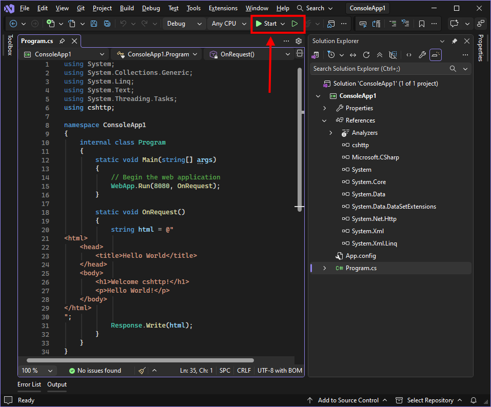 Screenshot Visual Studio Press Run