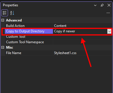 Set Copy to Output Directory to Copy if newer