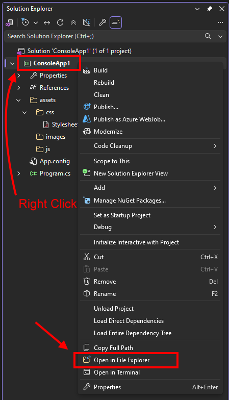 Right click project and select Open Folder in File Explorer