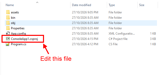 Locate ConsoleApp1.csproj in File Explorer and edit it