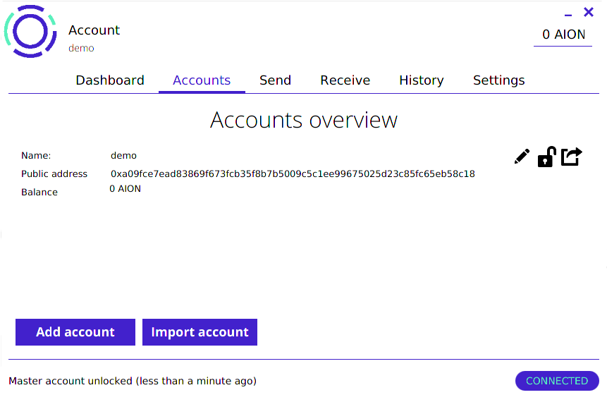 Accounts screen with an account