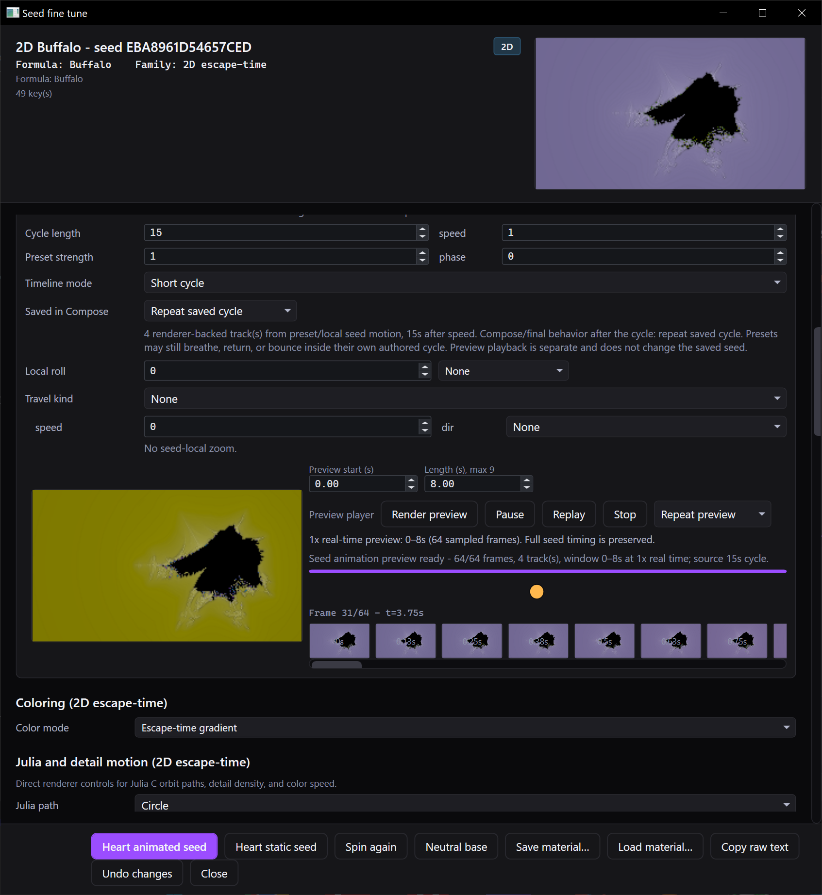 An animated seed preview with 64 rendered frames and the save controls.
