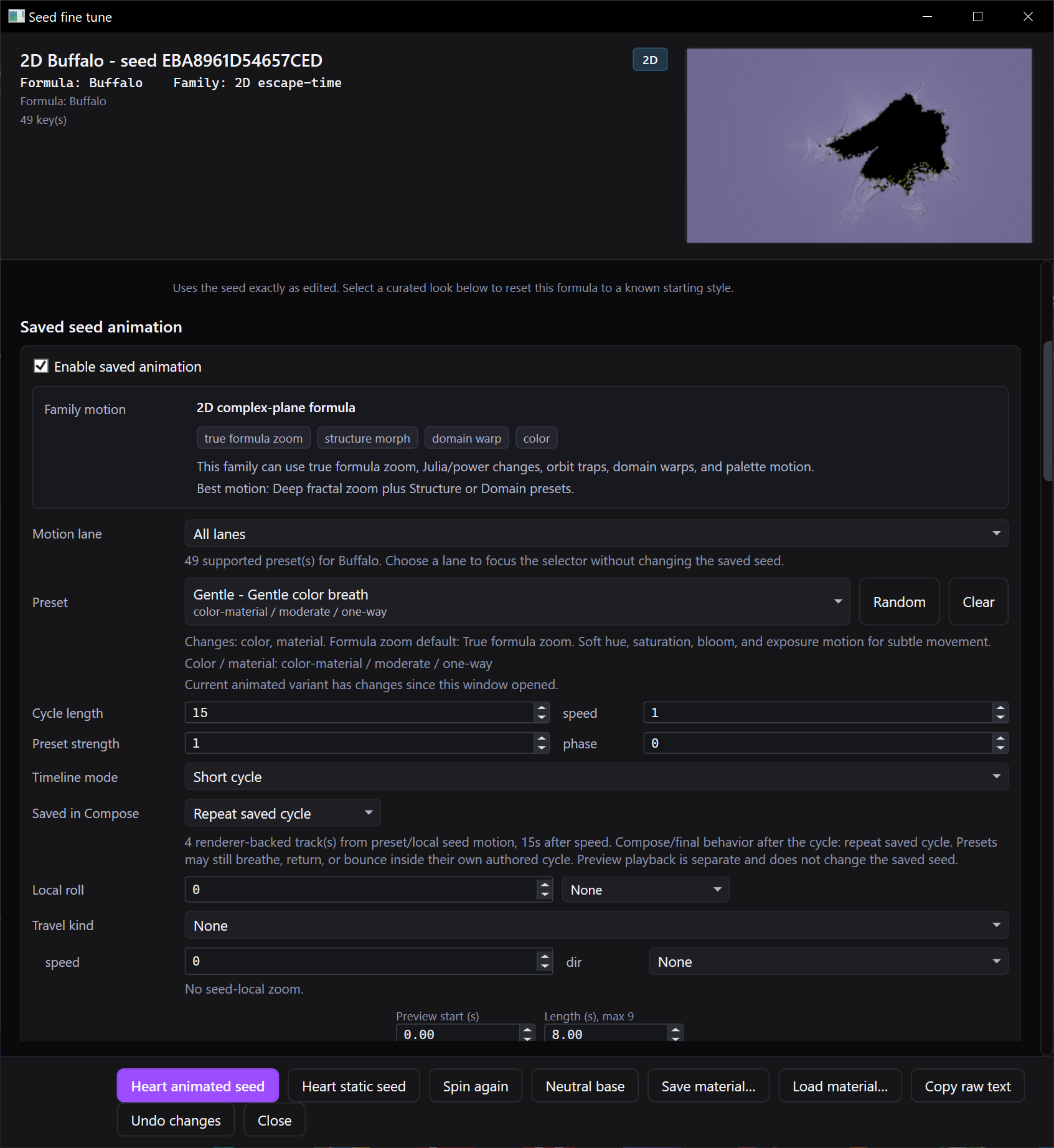 Saved seed animation: preset and timeline controls.